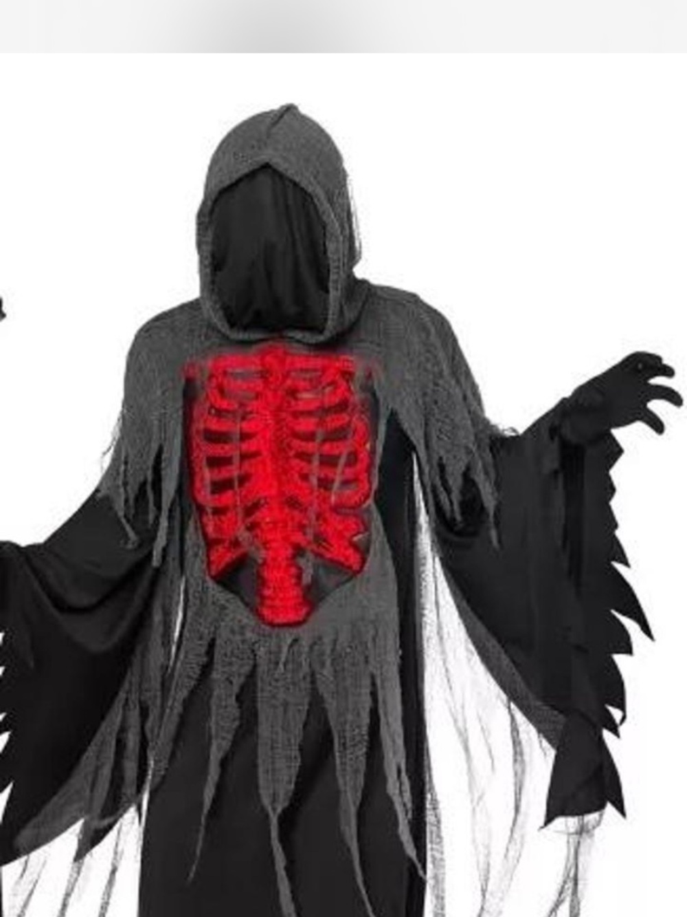 Men's Black Hooded Skeleton Face Mask Costume with Red Ribcage Detail